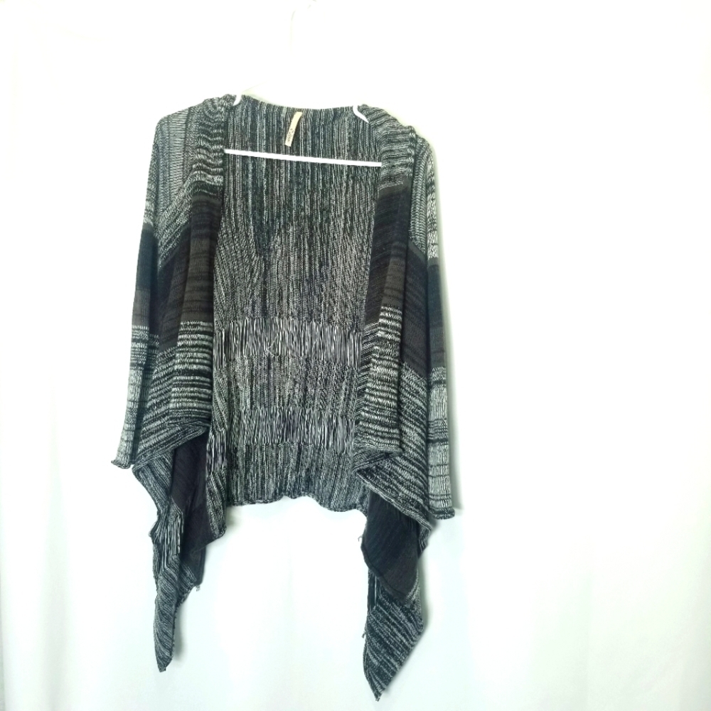 Elan Striped Boho Waterfall Cardigan Sweater Black Gray Drop stitch Knit‎ Small